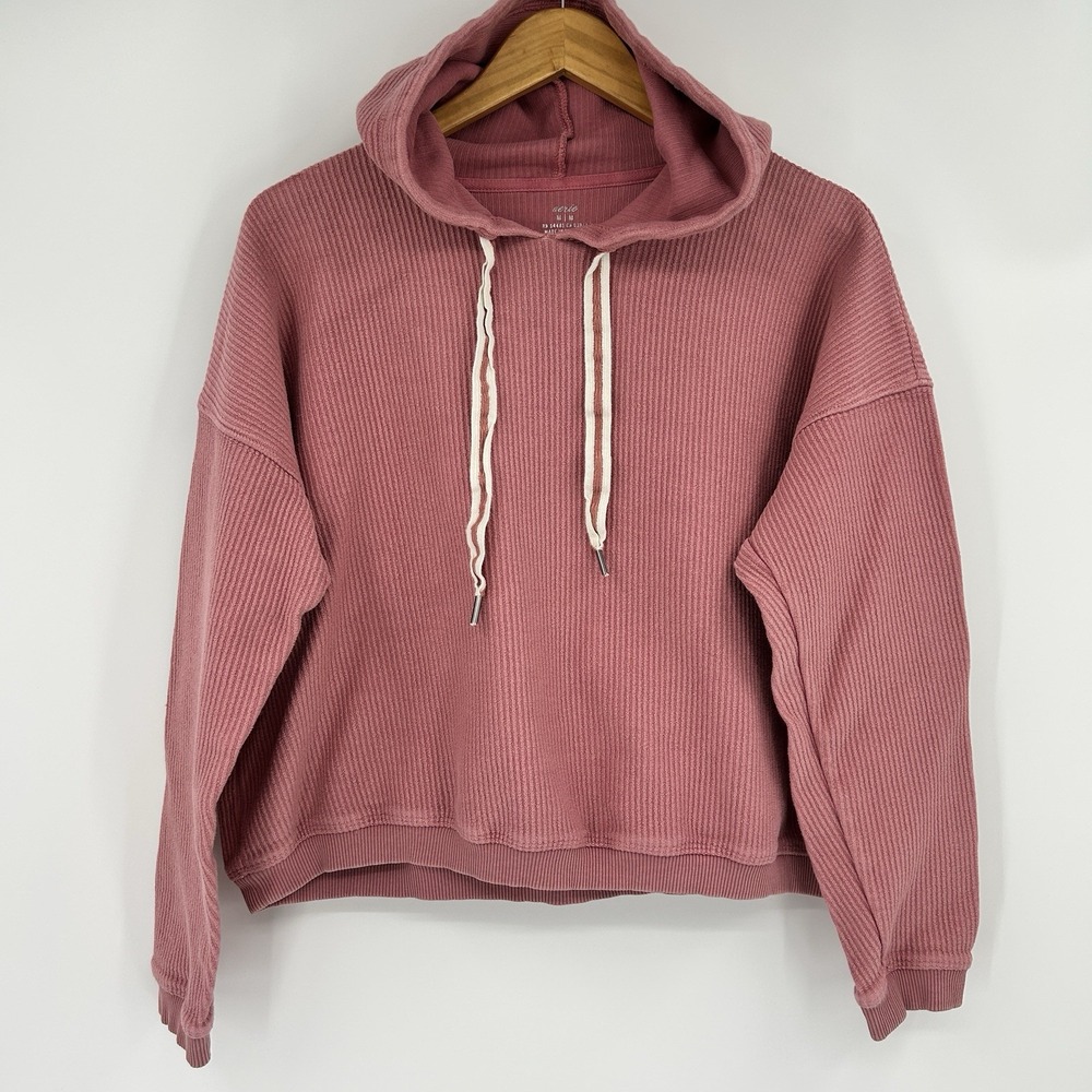 Aerie Boho Cropped Ribbed Hoodie Women M Boxy 100% Cotton Oversized Lounge